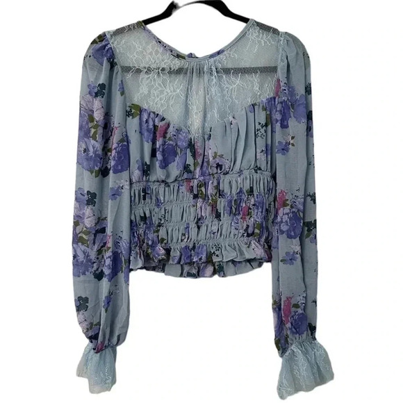 Free People Daphne Blouse Silver Blue Combo Size LG NWT - Picture 2 of 14